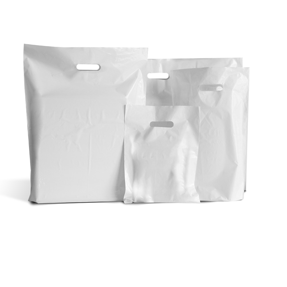 100 WHITE PLASTIC CARRIER BAGS 10"x12"+4" GIFT SHOP BOUTIQUE PATCH HANDLE 