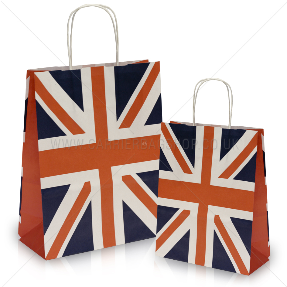 200 Union Jack Plastic Carrier Bags 15"x18"+3" Gift Party Carry Patch Handle 