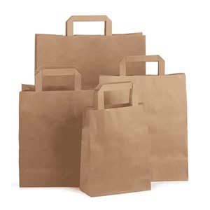 Recycled Brown Paper Carrier Bags with Flat Handles - 25cm x 30cm + 14cm